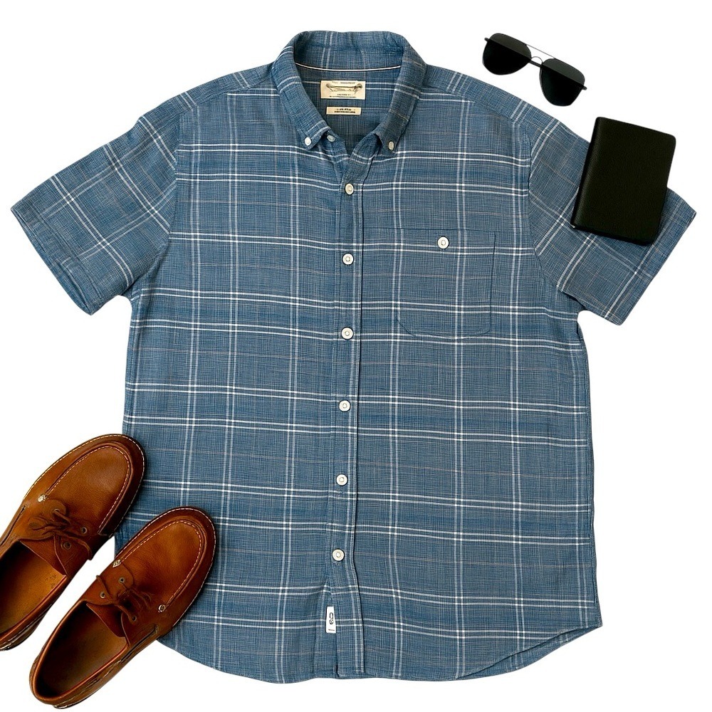Weatherproof Linen Shirt Mens XL Blue White Plaid Short Sleeve Button Up in EUC